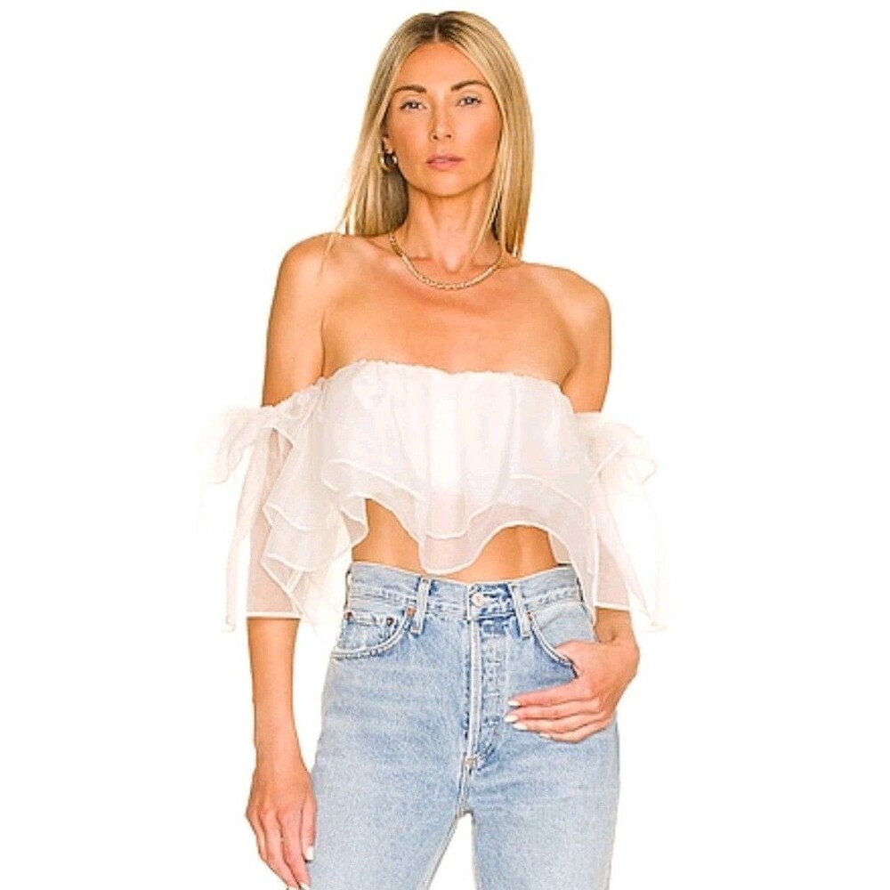 Show Me Your Mumu Rossella Ruffle Crop Top Off Shoulder Sheer White Size XXL